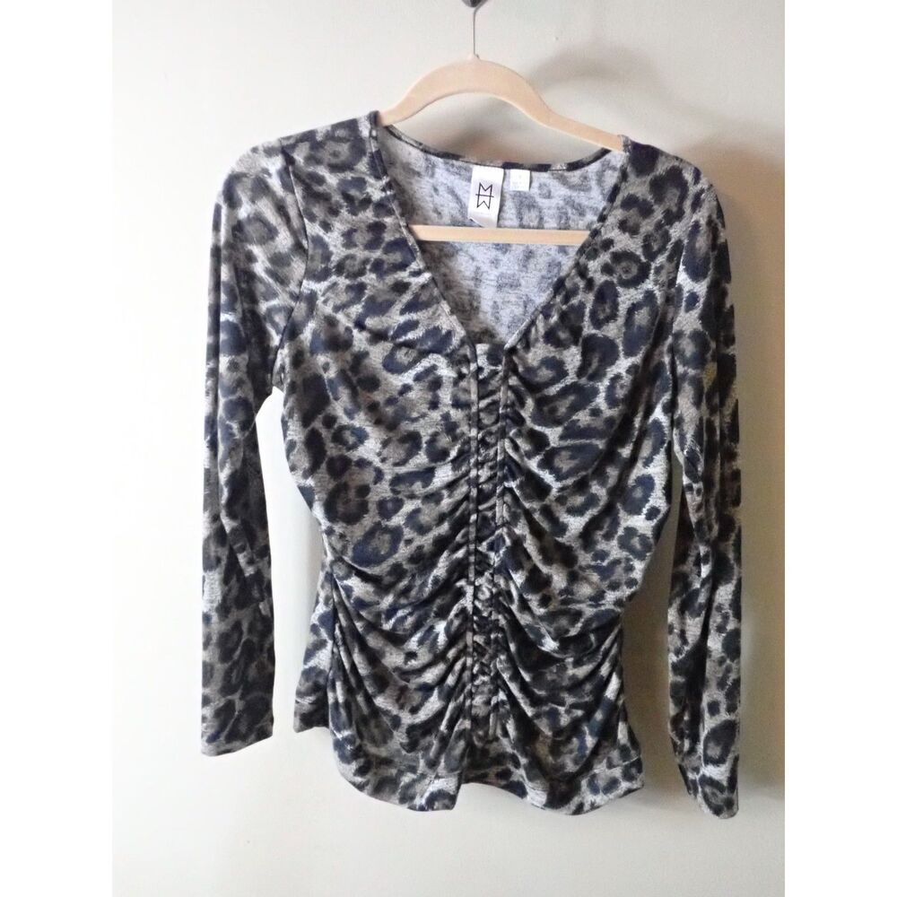 Marc Bouwer Vintage Leopard Print Ruched Top Blouse V-Neck Long Sleeve Small